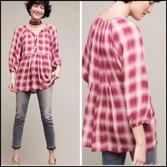 ANTHROPOLOGIE Calavon Peplum Top NWT Blouse New Large Boho Raspberry Anthro - Picture 3 of 4